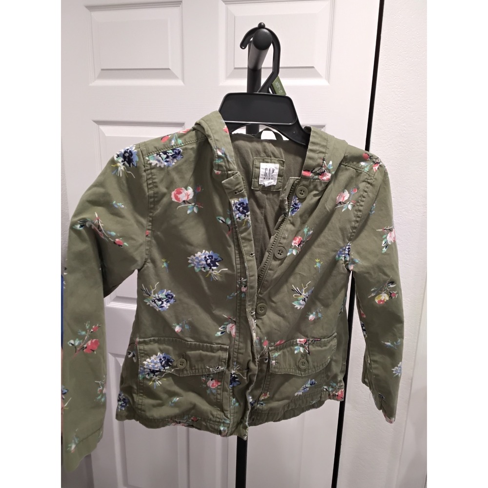 Gap Kids Girls Olive Green Floral Utility Jacket Hooded Cotton Size M 8-9